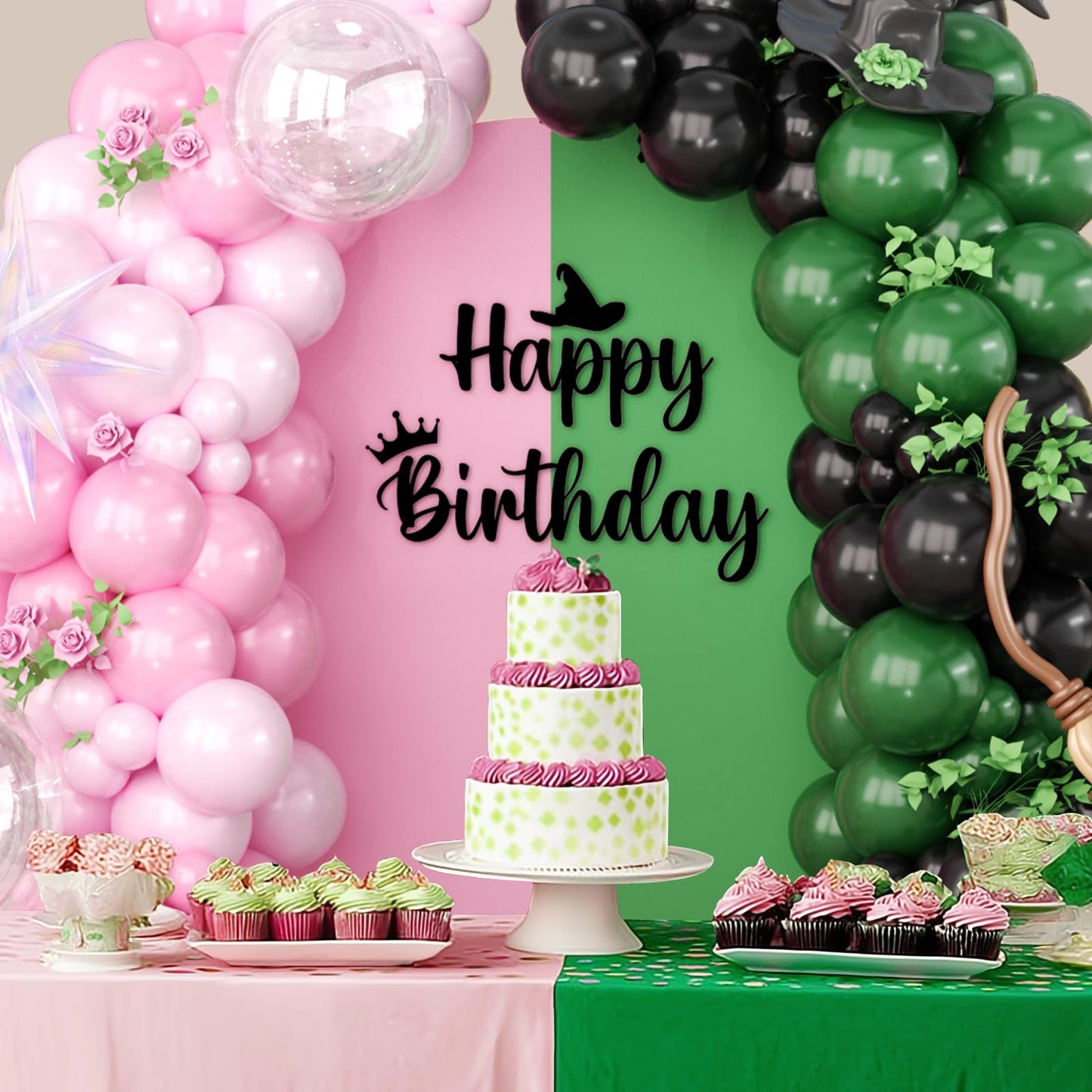 Pink Green Black Balloon Arch Kit, 153 Pcs Wick Balloons with Iridescent Exploding Star Balloons for Princess Witch Birthday Themed Party Decorations Fairy Wonderlad Party Supplies