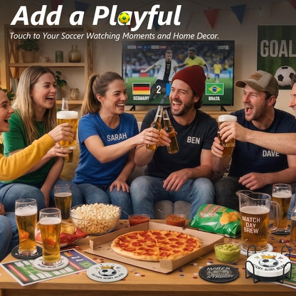 BEADJONE 6 Pack Soccer Coasters for Drinks Set, 3.9" Leather Football Coasters with Holder, Waterproof Tabletop Protection for Home Bar Watch Parties & Game Day Decor, Sports Fans Gifts