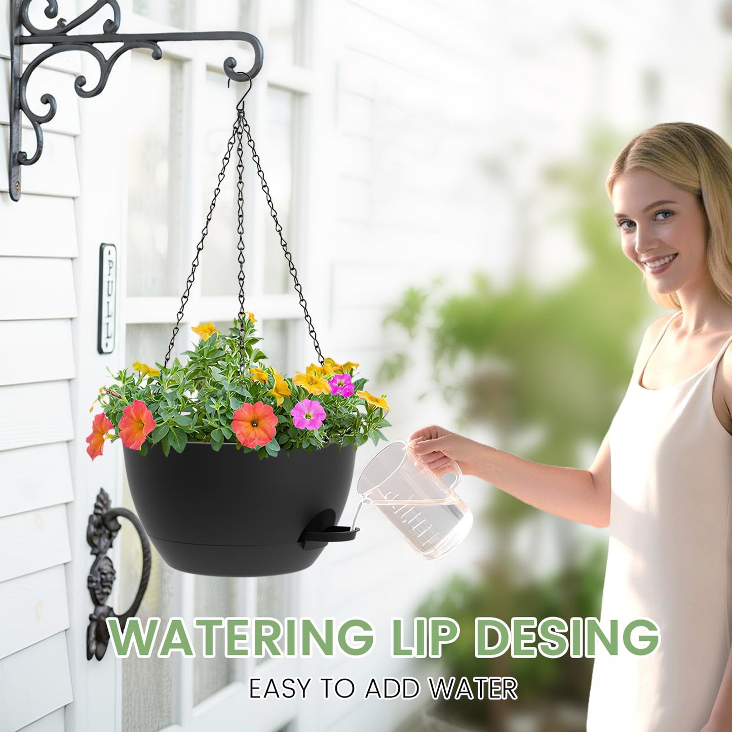 AHJZO 2 Pack 12 Hanging Flower Pots with Chains Self Watering Plastic Planters for Indoor Outdoor Plants, Sturdy Triangular Iron Chain Design for Garden PorchPlastic Hanging Flower pots (2, Black)