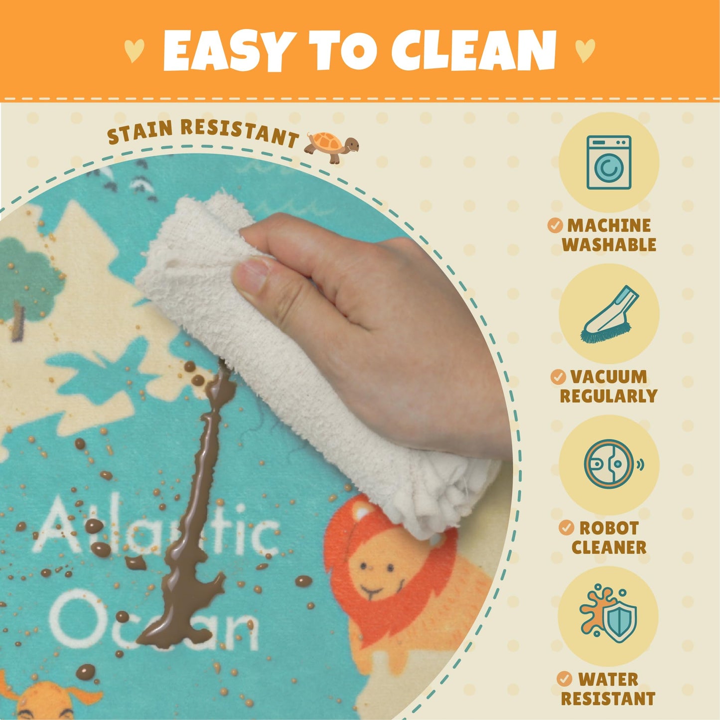 Hazo Haus Washable Large Kids Room Rug with Animal – 6x9 Educational World Map Play Mat for Bedroom – Non-Slip, Stain Resistant, Soft & Safe for Baby, Playroom Essentials - Blue Ocean