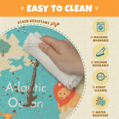 Hazo Haus Washable Large Kids Room Rug with Animal – 6x9 Educational World Map Play Mat for Bedroom – Non-Slip, Stain Resistant, Soft & Safe for Baby, Playroom Essentials - Blue Ocean