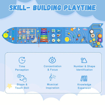 nigwet Rocket Activity Wall Busy Board Panels - Sensory Wall Panel for Kids, Montessori Toddler Wall Activity Board, Wall Toys for Toddlers 3, Activity Cube, Wooden Boards, Blue
