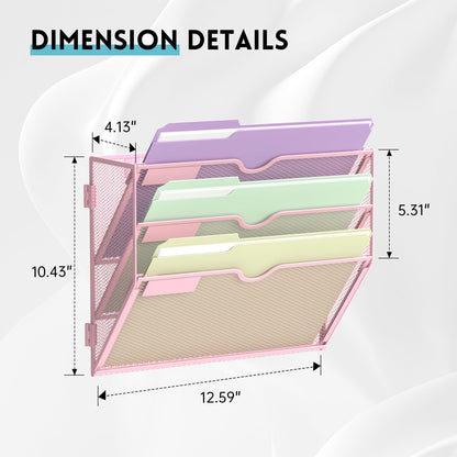 SUPEASY 3 Tier Wall File Organizer, Hanging Wall Mounted Mail Organizer with Label Slots, Metal Mesh File Holder Magazine Rack for Office, Home, School, Pink
