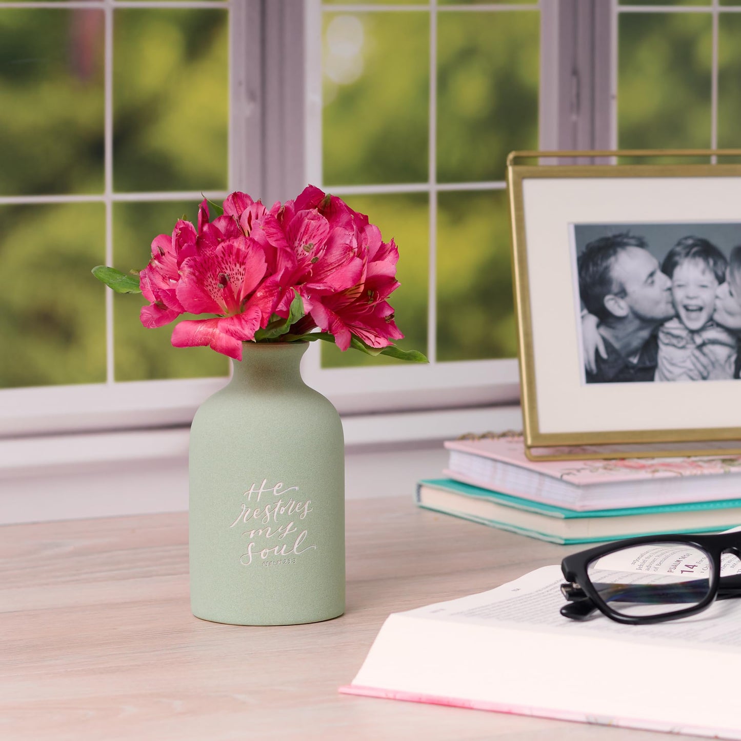 Christian Art Gifts Small Ceramic Scripture Table Vase for Flowers & Plants: He Restores My Soul Inspirational Bible Verse Home Décor, Kitchen, Bathroom, Living Room, Light Mint Green