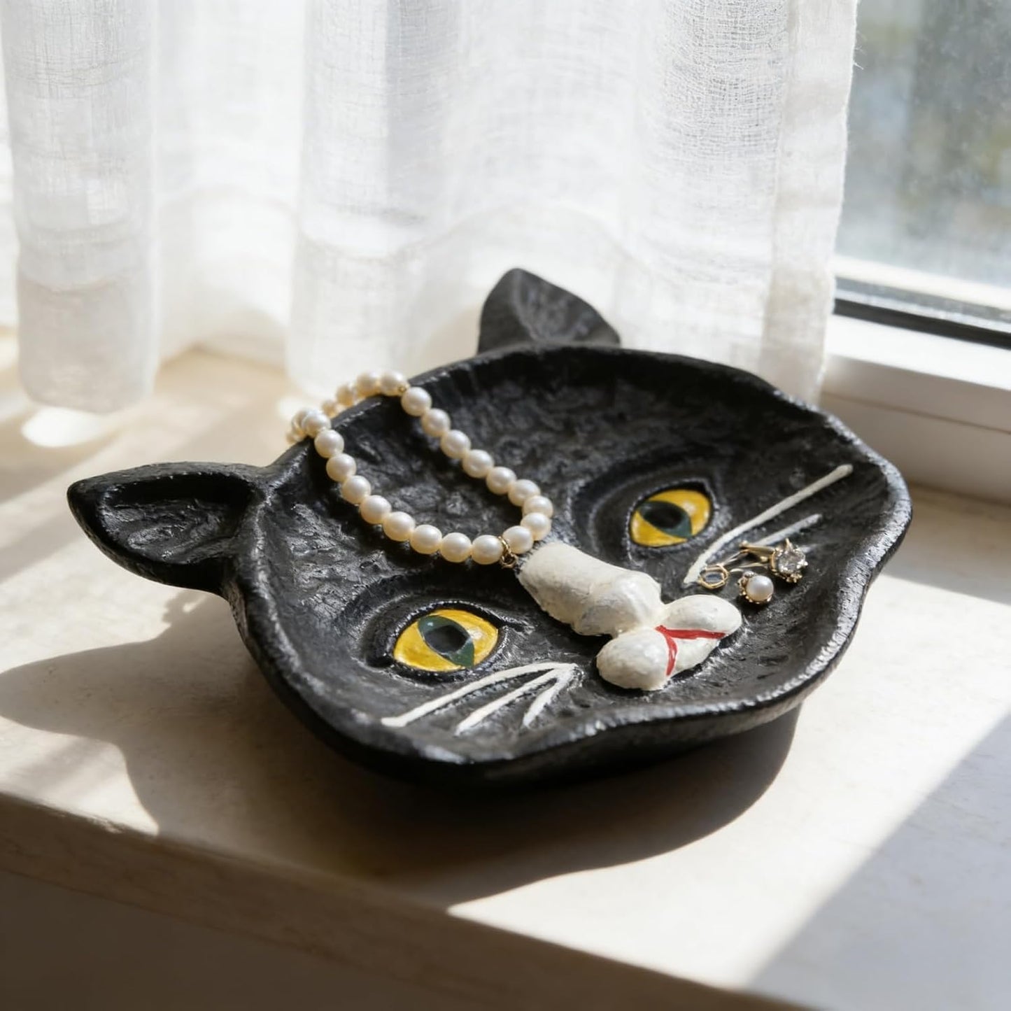 Womeet Black Cat Face Cast Iron Trinket Dish, Gothic Kitten Jewelry Tray, Small Decorative Cat Ring Holder for Earrings Necklings Rings, Halloween Home Decor Storage Dish for Vanity Countertop