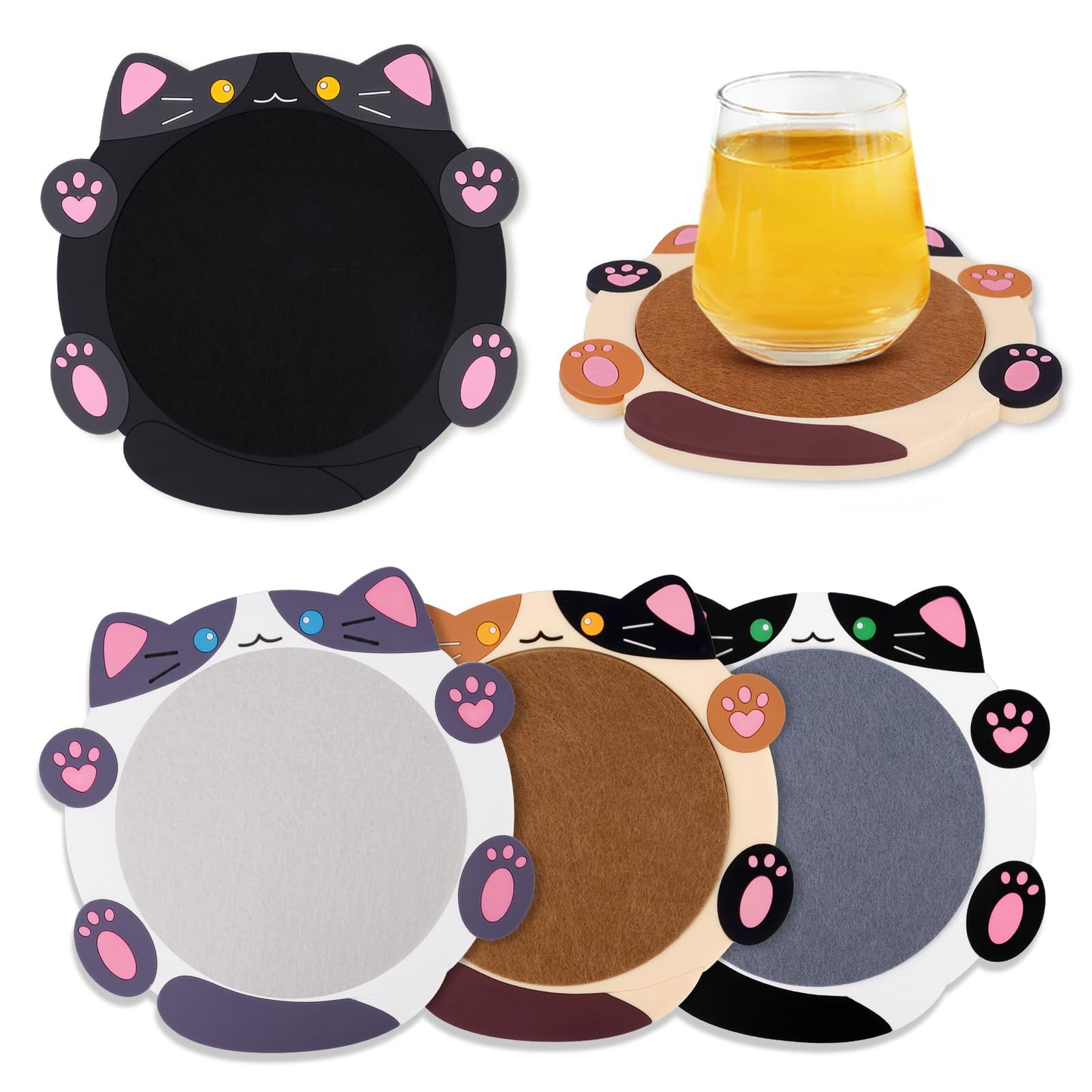 Leokawin Cat Coasters,4pcs Coasters for Drinks,Cat Gifts for Cats Lovers,Funny Animal Themed Absorbent Coaster for Coffee Tea Table Decor,Gifts for Women Men