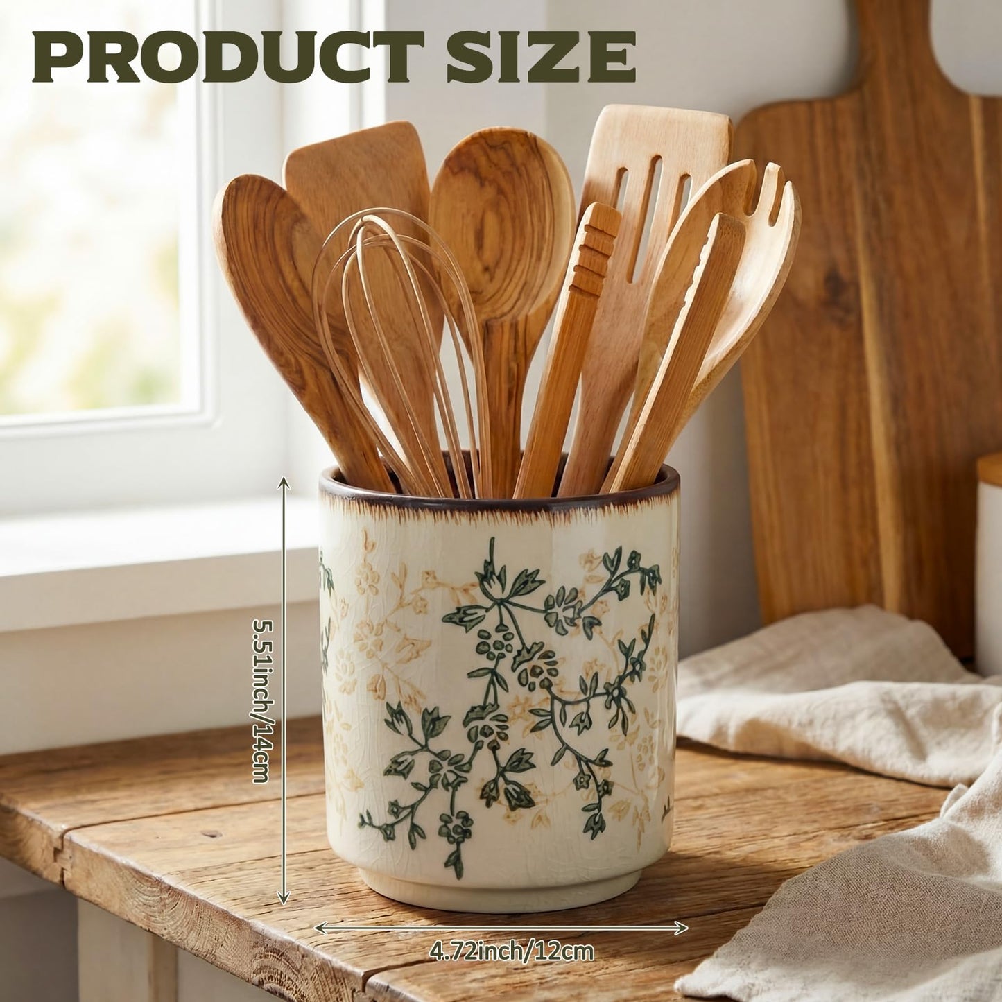 Teecyhooo Kitchen Ceramic Utensil Holder Rustic 5.5" Green Floral Utensil Crock for Countertop Tuscany Cooking Tools Storage Caddy for Spatula Spoon Farmhouse Decor Housewarming Gift