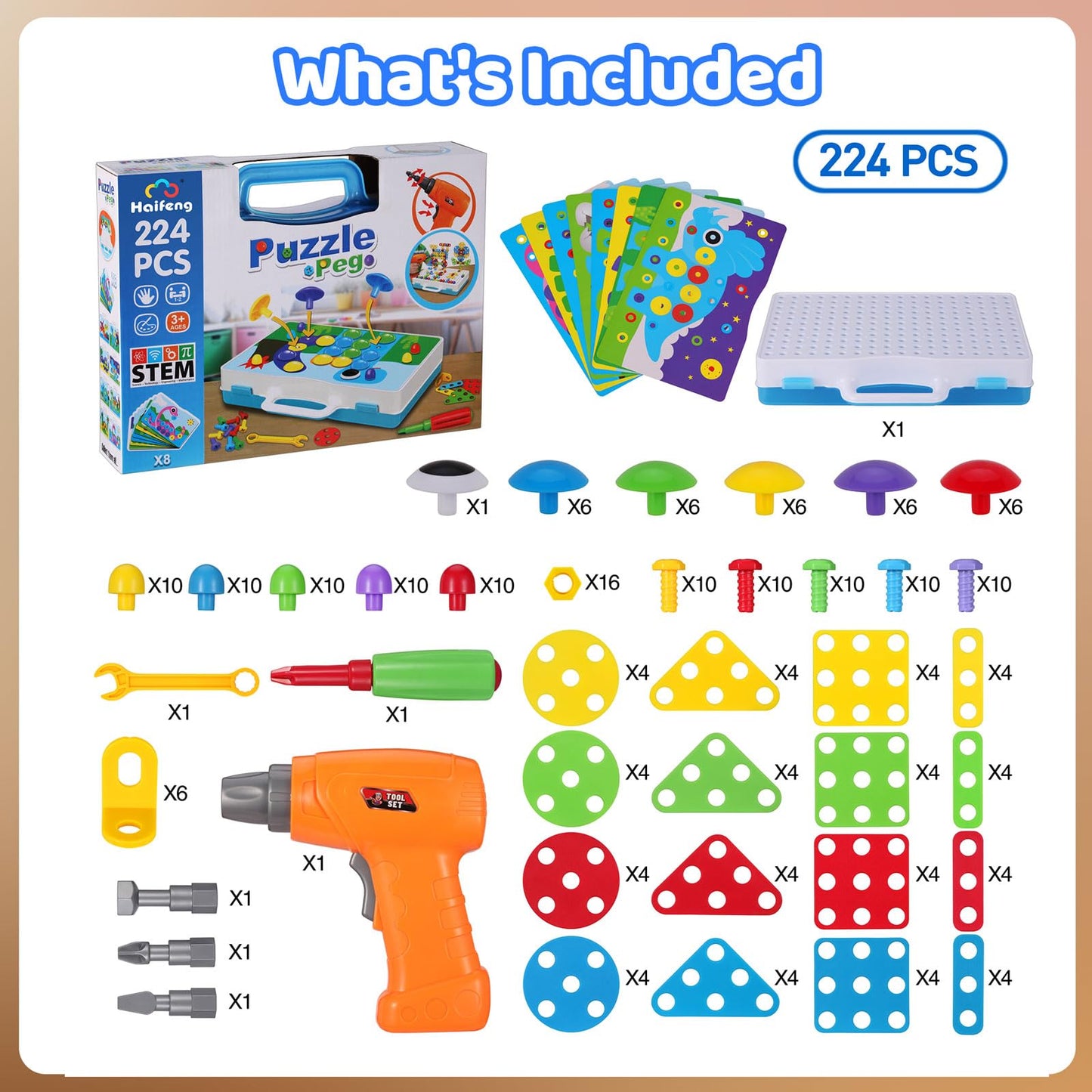 224 PCS STEM Building Toys for Kids Ages 4-8, Creative Mosaic Drill Set with Electric Drill & Screwdriver, 2D/3D Building Blocks Kit, Educational Birthday Gift for 5 6 7 8 9 10 Year Old Boys Girls