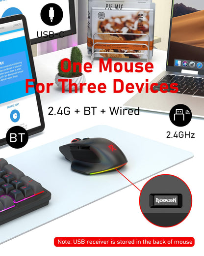 Redragon Large Wireless Gaming Mouse for Big Hands, Tri-Modes 2.4G/Bluetooth/Wired Rechargeable Ergo RGB Mouse with 2 Side Buttons, 6 Backlit Modes, Programmable Macro Gamer Mouse