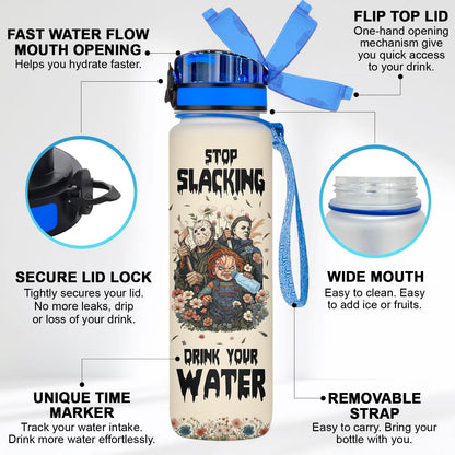 34HD Horror Movie Icons Water Bottle with Time Marker & Straw 32 oz, Horror Mask Birthday Gifts for Fans, Spooky Scary Merchandise Aesthetic Halloween Water Tracker Bottle