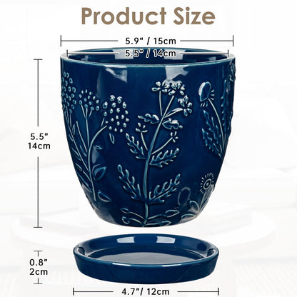 Hollyone 6 Inch Blue Ceramic Planter Flower Plant Pot with Drainage Hole and Saucer for Plants Embossed Indoor Outdoor Garden Embossed Ceramic Glazed Round Pot for Succulent Orchid Floral Pattern