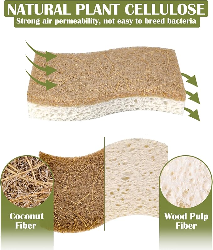 DEBETOOL 14Pack Natural Kitchen Sponge, Eco-Friendly Dish Sponge for Kitchen - Biodegradable Cellulose and Coconut Scrubber - Household Cleaning Sponge for Dishes, White