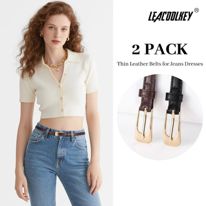 LEACOOLKEY 2 Pack Women Thin Leather Belts Ladies Skinny Waist Belt for Dresses Jeans 0.55" Width
