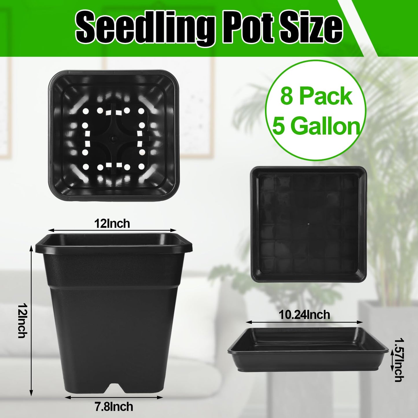 RimCereal 8 Pack 5 Gallon Large Square Nursery Pots 12 Inch with Drainage Saucers Black Plastic Plants Pots Outdoor Garden Planter Container for Indoor Outdoor Vegetables Flower Succulent Gifts