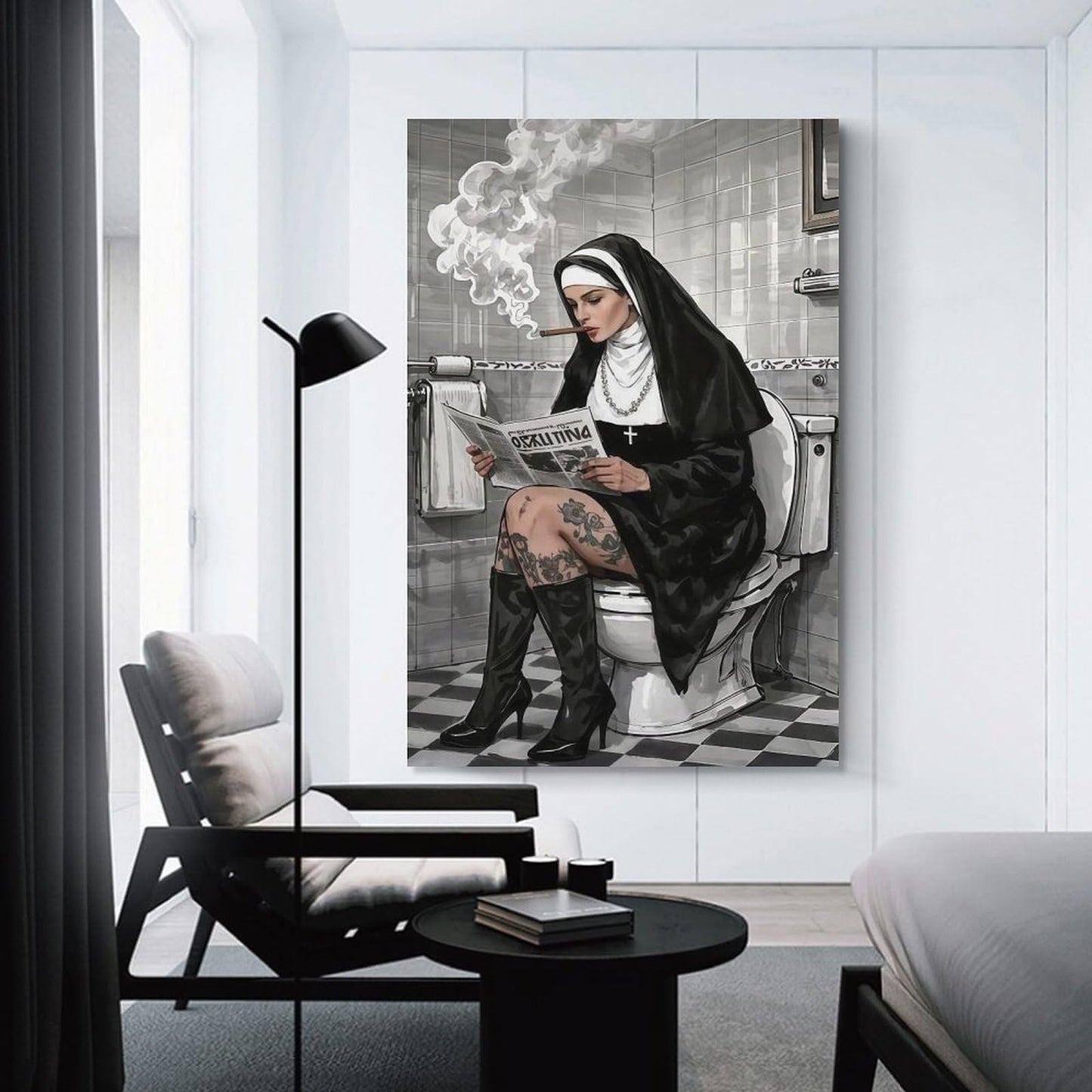 JHXNJDPOST Nun Smoking in Bathroom with Newspaper Poster Black And White Canvas Wall Art Aesthetic Decorative Painting Living Room Restaurants, Pool Halls And Hotelsstyle-6 12x18inch(30x45cm)