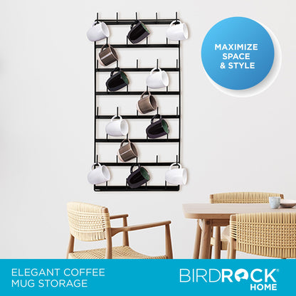 BIRDROCK HOME 36 Peg Coffee Mug Organizer Wall - 8 Tier Wall Mounted Coffee Mug Holder - Tea Cup Display Shelf Wall Mounted - Heavy Duty Decorative Kitchen Bar Organizer Flat Metal Steel Rack - Black