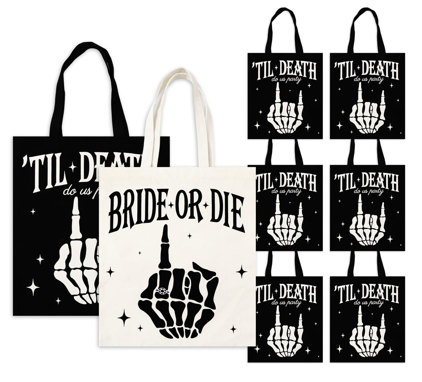 JarThenaAMCS 8Pcs Bride or Die Bachelorette Party Bag Reusable Bridesmaid Canvas Bags Black White Till Death Do Us Party Shoulder Tote Bags for Halloween Bridal Shower Wedding