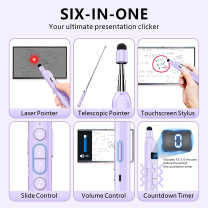 Norwii N21 Bluetooth Presentation Clicker with Telescopic Teaching Pointer, Presentation Remote with Retractable Stick for PowerPiont, Wireless Presenter, Slide Advancer - Purple