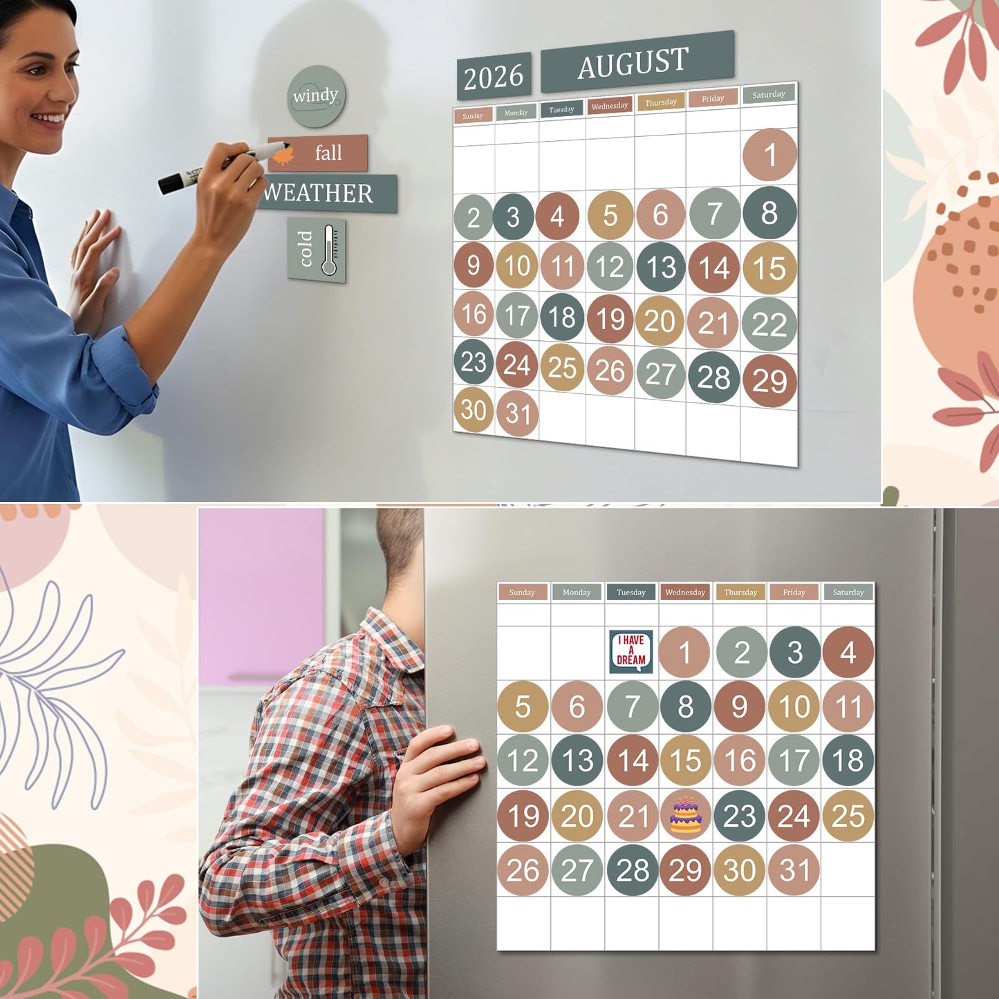 Lerheedi 94 Pcs Boho Calendar Magnets for Whiteboard Large Magnet Calendar Set Days of the Week Magnets for Refrigerator Classroom Weeks and Months