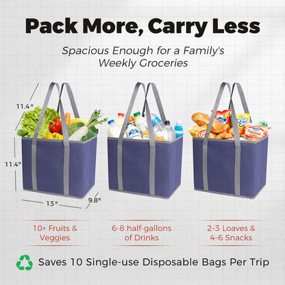 DOUKE Reusable Grocery Tote Bags, 3-Pack Heavy Duty Reusable Shopping Bags with Long Handles, Large Box Shape Tote Bags to Stand Up, Stay Open, Fold Flat (Navy Blue)