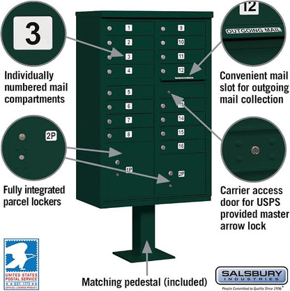 Salsbury Industries 3316GRN-U 16 A Size Doors, United States Postal Access Type III Cluster Box Unit, Green