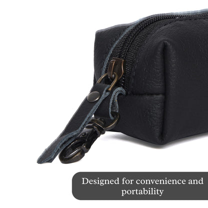Leather Zipper Coin Pouch with Key Clip, Compact Change Holder Wallet for Men & Women, Small Leather Coin Purse for Cash, Keys, Earbuds, Everyday Carry Accessory (1, Black)