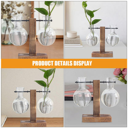 HIAKDOFT 3Pcs Glass Propagation Planter Vase with Wooden Stand, High Borosilicate Plant Terrarium Jars for Hydroponic Plant Propagation and Indoor Desktop Gardening