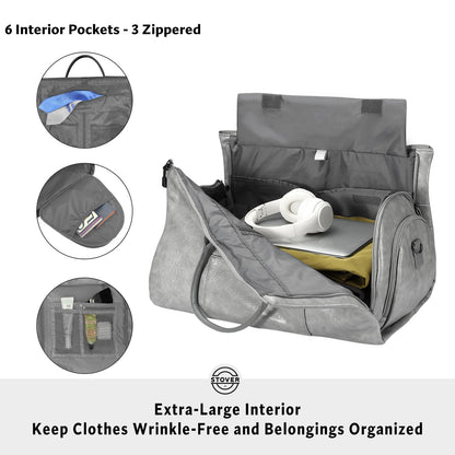 STOVER Garment Travel Duffle Bag, Large 2-in-1 Convertible Carry-on Luggage for Men & Women- Hanging Suits, Dresses & Clothes + Shoe Compartment- Weekender Tote Combo Duffel (Grey Leatherette)