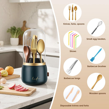 EXIN DECHEN 360 Rotation Silverware Organizer for Kitchen Counter, Utensil Holder Caddy with Cover, Spoon and Fork Organizer, 7 Slots and Intermediate Drainage Device