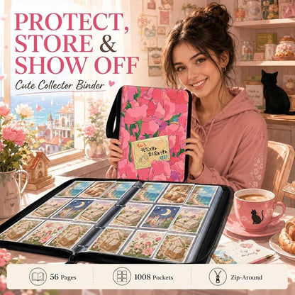 1008 Cute Card Binder 9 Pocket, 3-Ring Trading Card Binder with 56 Page Removable Sleeves, High Storage Waterproof Trading Card Holder Collection Card Album Organizer Case for TCG Cards - Flower