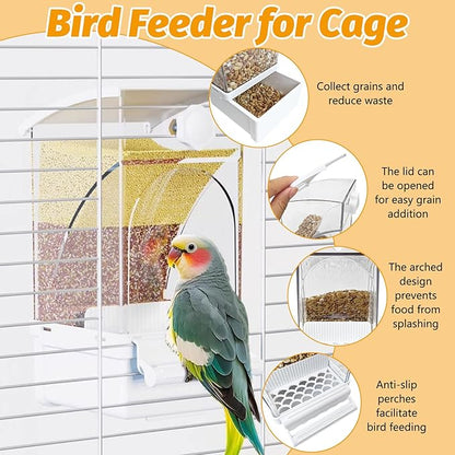 BNOSDM No Mess Bird Feeder Transparent Automatic Bird Cage Feeder with Perch Acrylic Parrot Food Container Parakeet Cage Accessories for Parakeets, Budgies, Cockatiel, Finch, Canary, Lovebird (White)