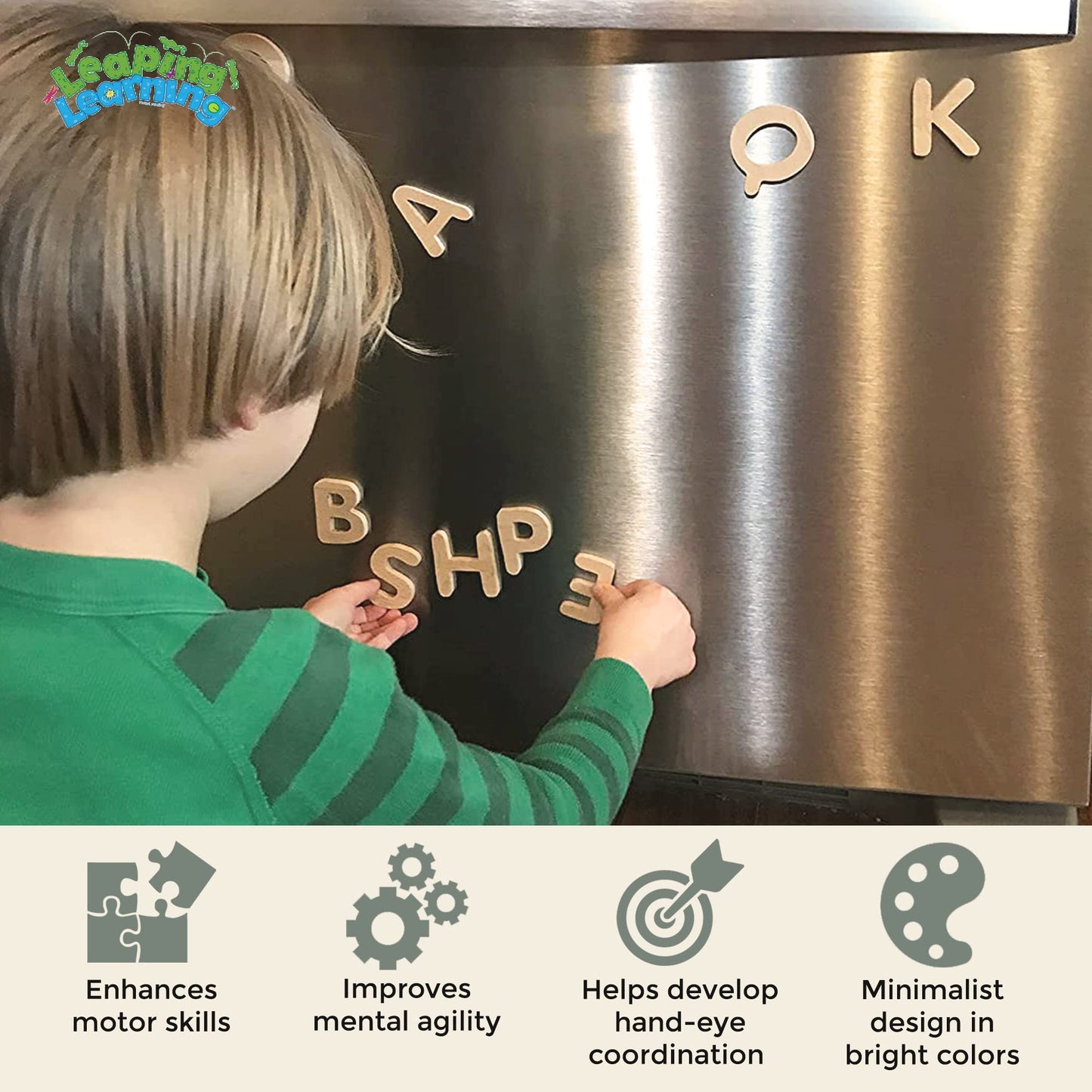 LEAPING LEARNING Alphabet Magnets - Magnetic Letters for Kids, Wooden Letters for Learning & Classroom Supplies, Ideal for Refrigerators, School Board, & Early Literacy Educational Toys 3+ (Uppercase)