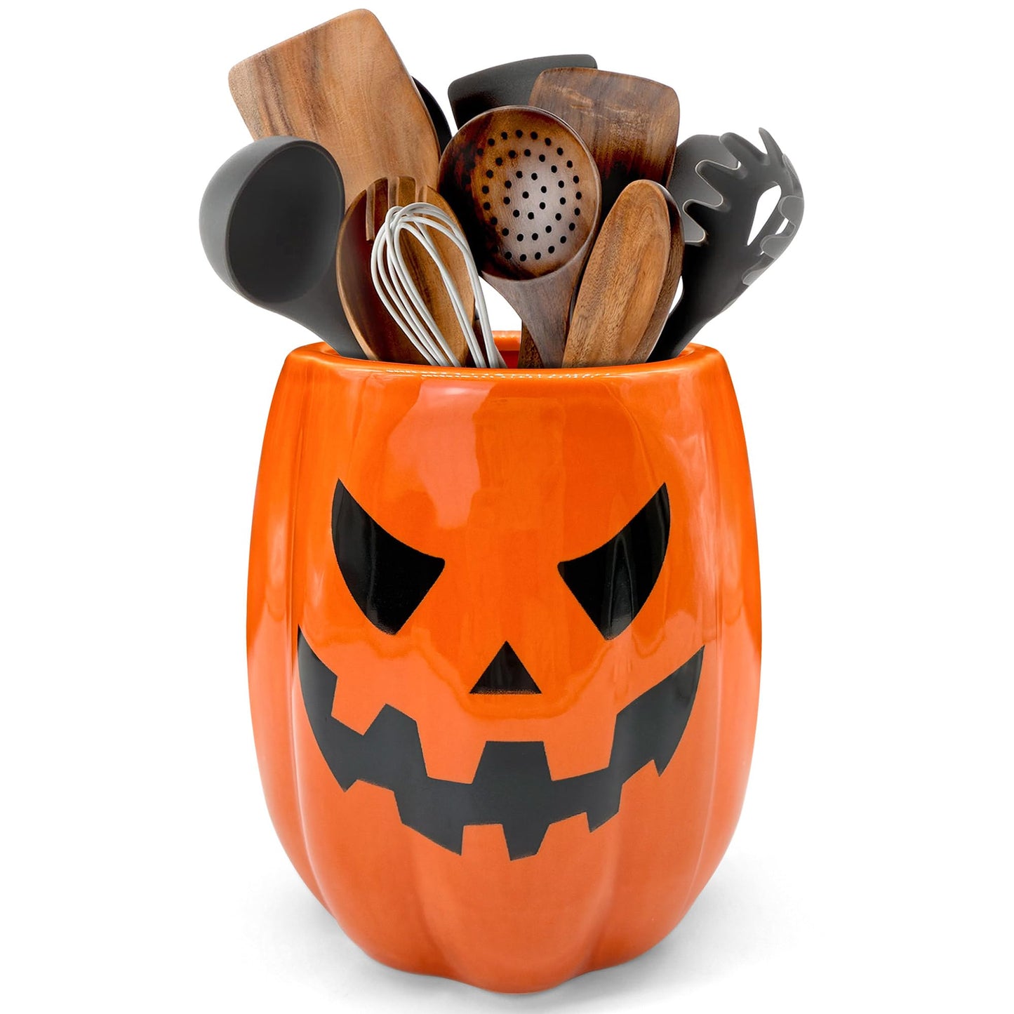 pinata Halloween Kitchen Decor Ceramic Pumpkin Utensil Holder, Cute Halloween Utensils Holder, Ceramic Utensils Crock for Rustic Farmhouse Indoor Kitchen Decorations(6.3 Inches)