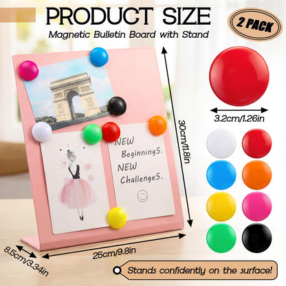 Tosstuki 2 Pack Pink Magnetic Bulletin Board Stand 8 Magnets 11.81 x 9.84 x 3.35 Inch Metal Magnet Display Board Tabletop Memo Display Easel Stand Magnetic for Home School Kitchen Office Photos