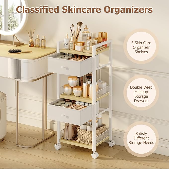 Flycity Rolling Makeup Organizer Cart, Floor Skincare Organizers Storage with Drawers, Vanity Makeup Cart with Wheels, Cosmetic Display Cases Holder for Skin Care Perfume Nail Polish Brush Hair Tool