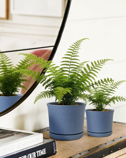 Avyra Velen Plant Pots Set of 3 with Drainage Hole and Saucer for Plants, 4.3+5.5+7 Inch Ceramic Planter for Indoor House Plant, Modern Home Decor, Blue