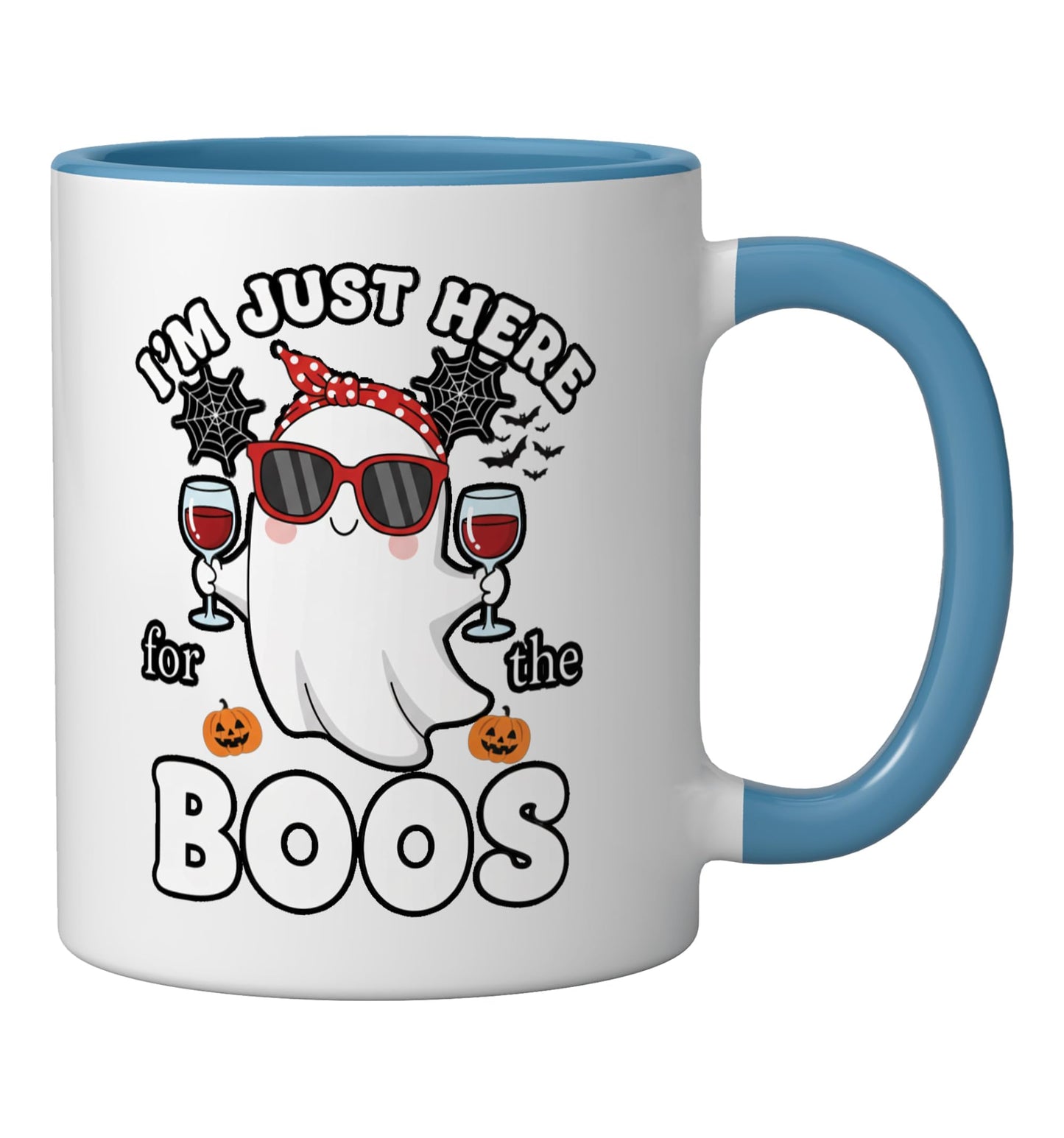 Halloween I'm Just Here The Boos Ghost Funny Ceramic Mug, Blue/White