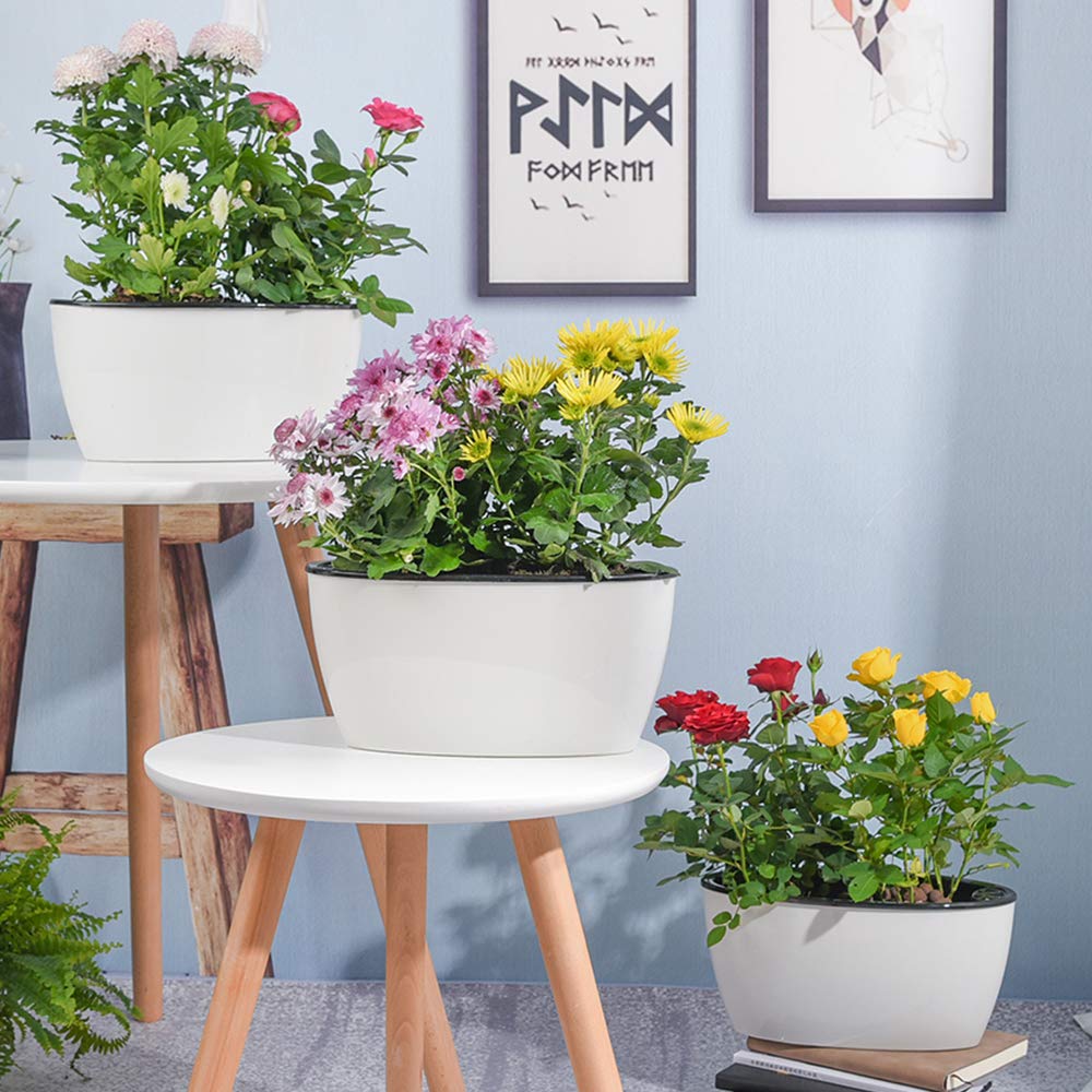 Sungmor Set of 3 Self-Watering Planter Pots - Modern White Plastic Flower Pots for Indoor Plants - Oval Indoor/Outdoor Planters with Water Reservoir, Home & Office Decor