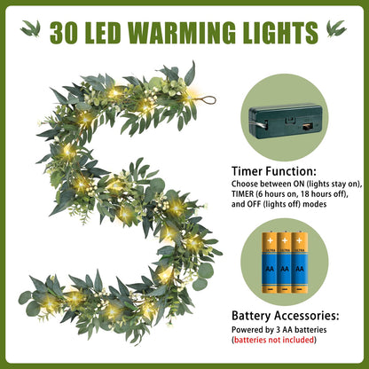 Artgar Eucalyptus Garland with Lights - 6 Ft Greenery Garland - Artificial Silver Dollar Olive Garlands, Spring/Summer Green Garlands for Indoor Outdoor Home Decor Wedding Arches Backdrops Table Decor