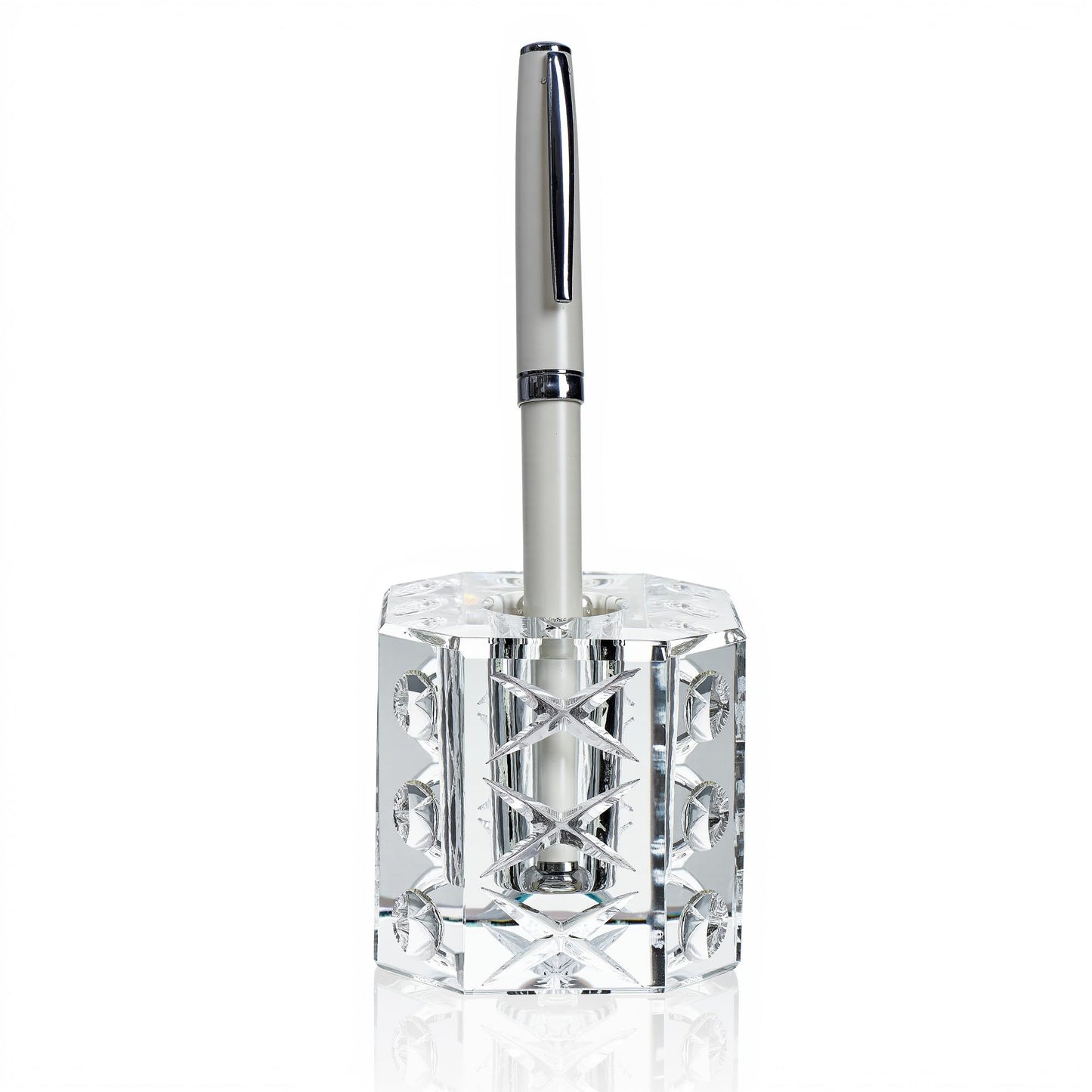 QFkris Fancy Crystal Single Pen Holder for Desk, Glass Fountain Pen Stand, 2.2" Feather Pencil Holder for Office Desktop Decoration, Gift for Man Woman Students Teachers Father Boyfriend