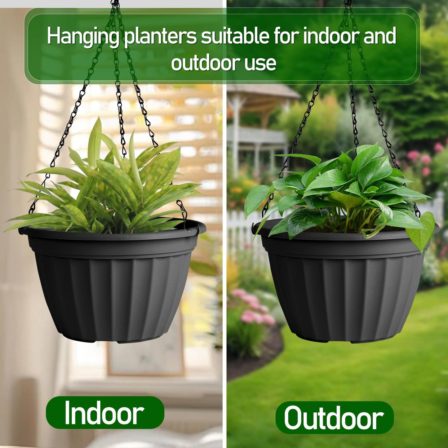 FGstyle Hanging Planters 10 Inch, 4 Pcs Self Watering Pots for Indoor Plants,Plastic Hanging Basket with Soil Elevator and 20" Chain for Home Garden Porch Balcony Patio Decor(Black)