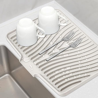 TIKNIK Silicone Dish Drying Mat for Kitchen Counter - Heat Resistant & Non-Slip Dish Drain Pad with Built-In Drain, Dishwasher Safe, Quick-Dry, Hangable & Roll-Up for Storage, Cream-1pcs, 20" x 15"