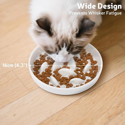 Ceramic Slow Feeder Cat Bowl 6.3" Wide (White) | Anti-Gulping & Keep Fit, Dishwasher Safe, For Dry and Wet Food, For Cats and Small Dogs, Shallow Bottom Puzzle Feeder