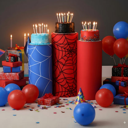 Mindsoft Set of 3 Spider Themed Spandex Cylinder Stand Covers for Carnival Party, Red Blue Cylinder Pedestal Cover, Dessert Table Display for Birthday Baby Shower Backdrop Decor(Spider)