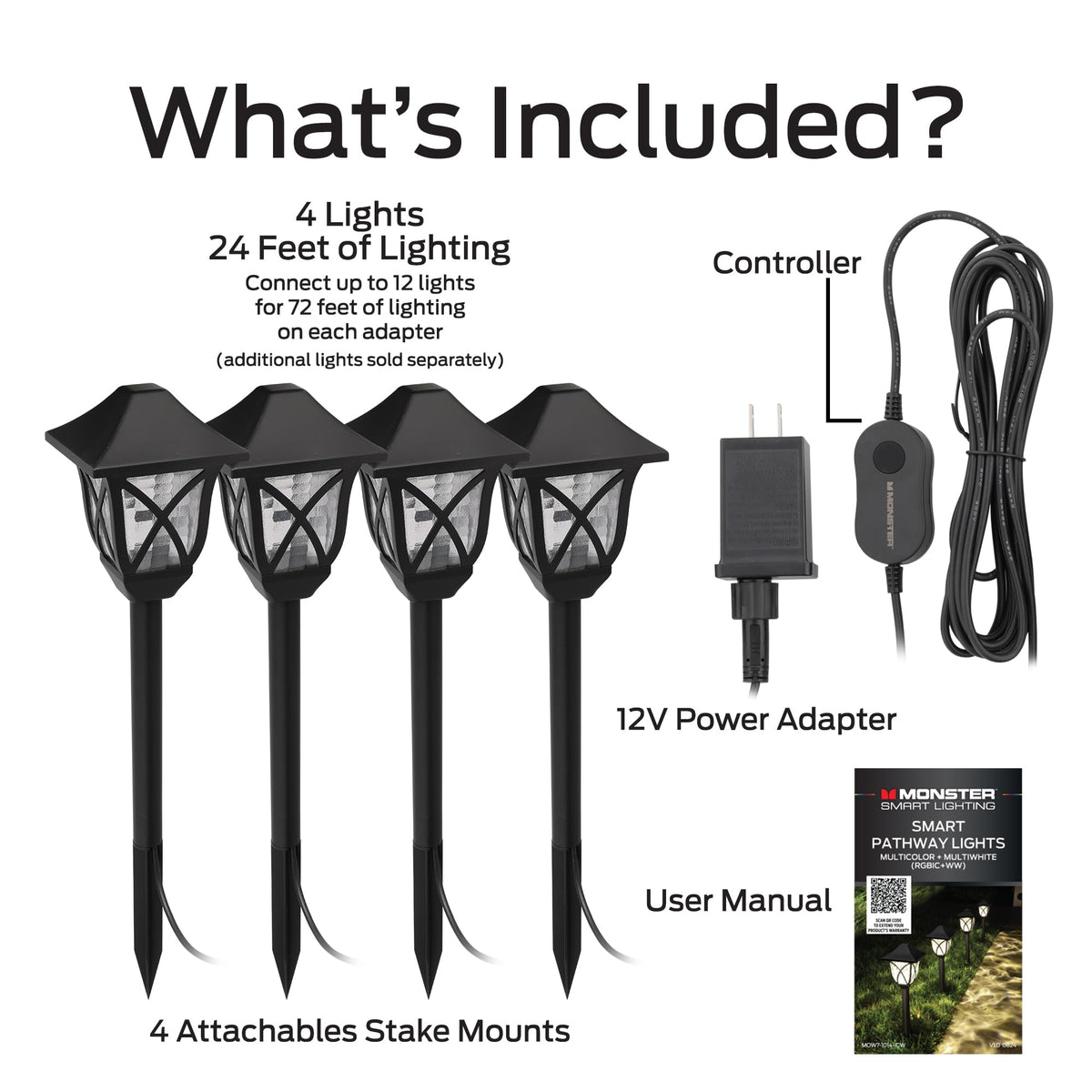 Monster Smart RGB+IC+WW Pathway Lights with 4 Dimmable LED Lights - Sound Reactive Garden Light, Weatherproof IP44 Outdoor Lighting - Compatible with Alexa, Google Assistant, Siri, Monster App