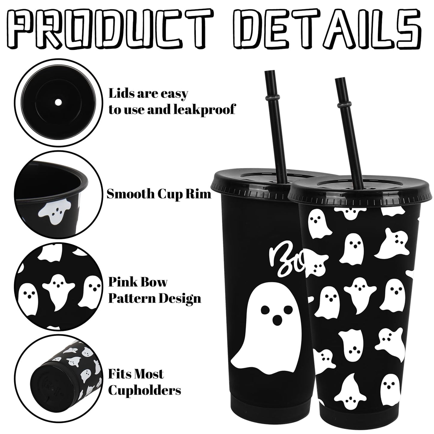 JarThenaAMCS 12 Pcs Halloween Ghost Party Cups with Lids Straws Cute Ghost Boo Plastic Tumblers Black White Reusable Water Bottle for Hot Cold Drinks Birthday Party Baby Shower Table Decor, 24 Oz