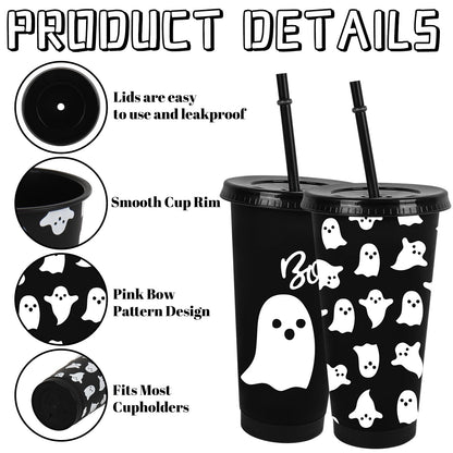 JarThenaAMCS 12 Pcs Halloween Ghost Party Cups with Lids Straws Cute Ghost Boo Plastic Tumblers Black White Reusable Water Bottle for Hot Cold Drinks Birthday Party Baby Shower Table Decor, 24 Oz