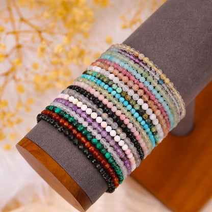 BONNY BOXX Natural Genuine Gemstone Faceted Round Beads Bracelet, 3mm Adjustable Stretchy Tiny Faceted Rhodochrosite, Healing Crystal Reiki Chakra Dainty Jewelry Fashion Gifts