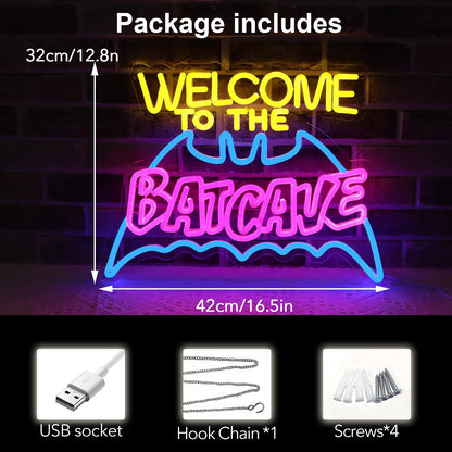 Bat Cave Neon Sign for Wall Decor - Dimmable LED Neon Light for Man Cave, Gamer Room, Bedroom, Dorm - Cool Hero Inspired Wall Art & Gift - 16.5 x 11 Inches, USB Powered