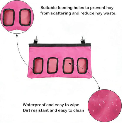 Rabbit Hay Feeder Bag, Large Capacity Rabbit Hay Bag Small Animal Hanging Hay Bag 600D Oxford Cloth Bunny Hay Feeder Bag for Rabbits Guinea Pigs Chinchillas (Rosered-4 Holes-1Pcs)